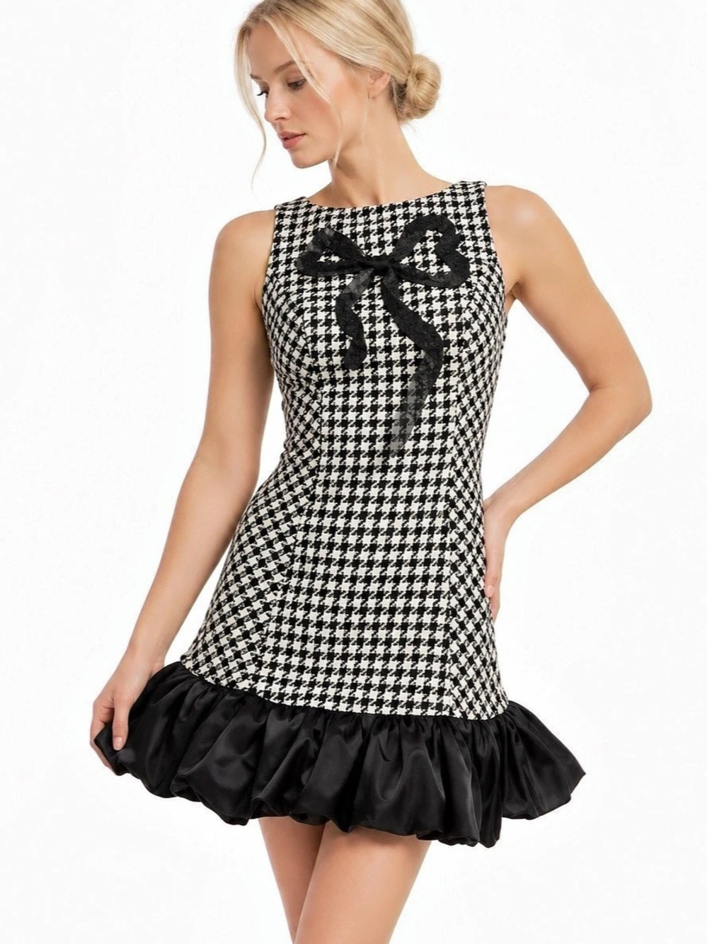 En Saison Houndstooth Bow Mini Dress Size Medium NWT